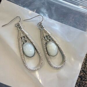 Chic Silver and White Oval Drop Earrings